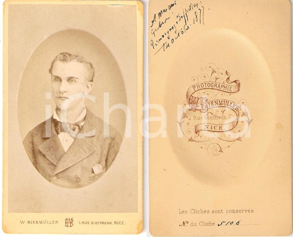 Fotografia d epoca originale 1877 NICE F Portrait d étudiant à  l ami GERBIN Photo W. BIENMULLER 1