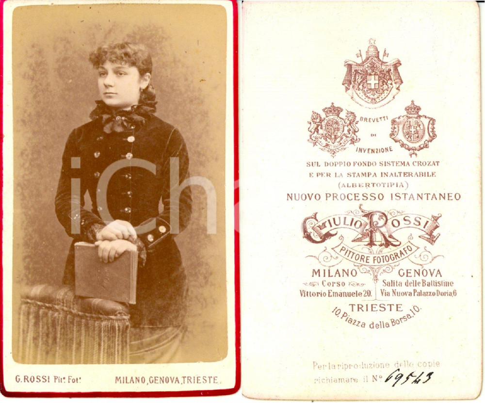 Fotografia d epoca originale 1870 ca GENOVA Ritratto di adolescente con un libro Foto GIULIO ROSSI pittore 1