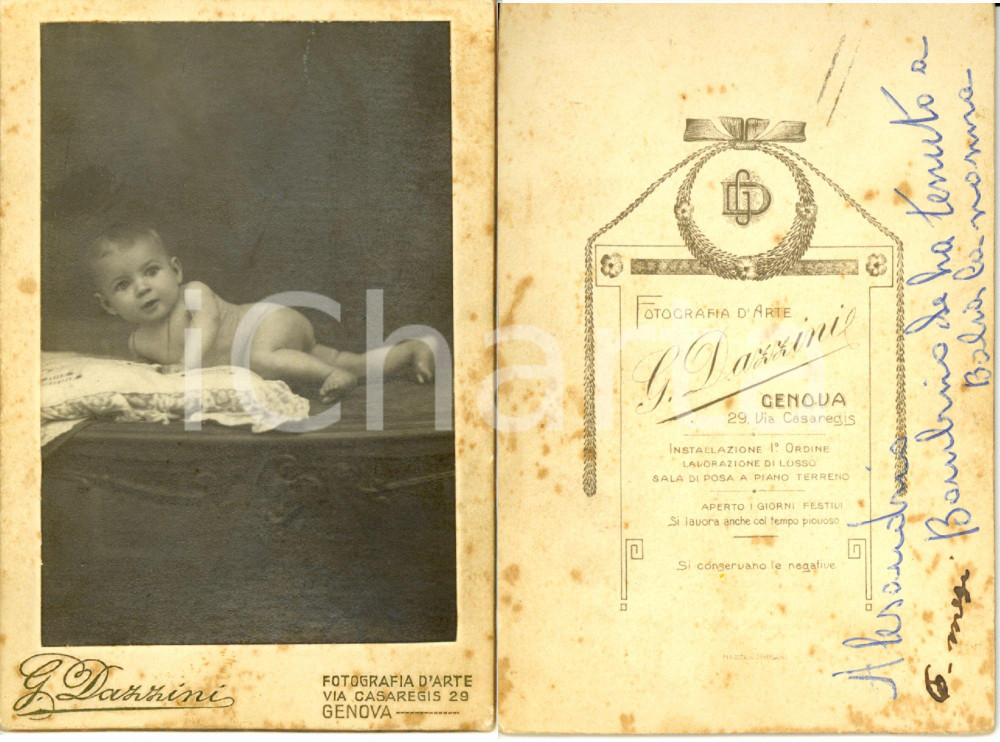 Fotografia d epoca originale 1900 ca GENOVA Ritratto di bambino di pochi mesi su cuscino Foto DAZZINI 1