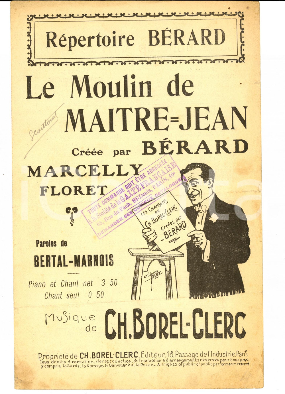 Oggetto da collezione cartaceo 1915 ca Maurice BERTALMARNOIS Charles BORELCLERC Moulin maitre Jean Spartito 1