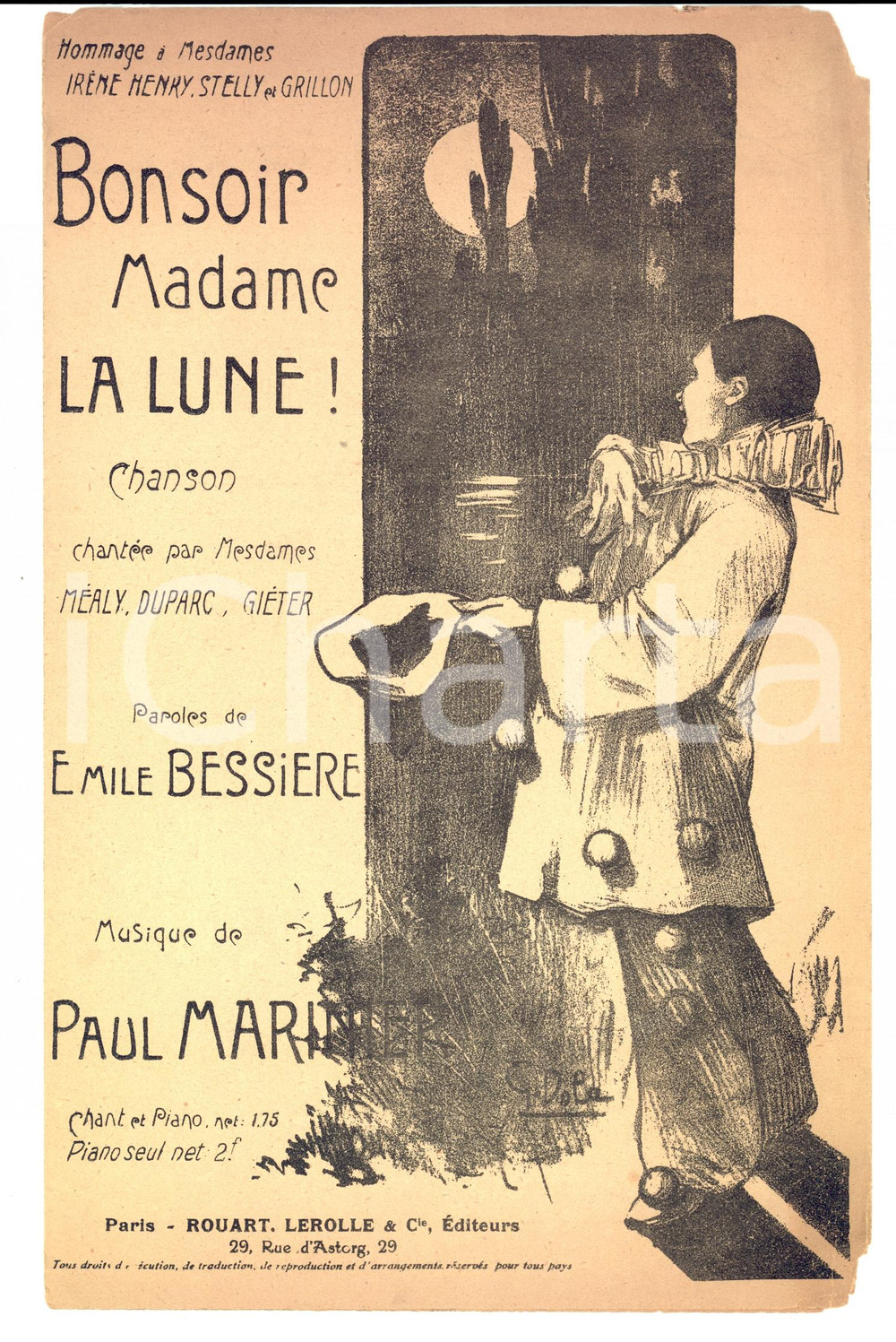 Oggetto da collezione cartaceo 1910 ca Emile BESSIERE Paul MARINIER Bonsoir madame la lune Ill. DOLA Spartito 1