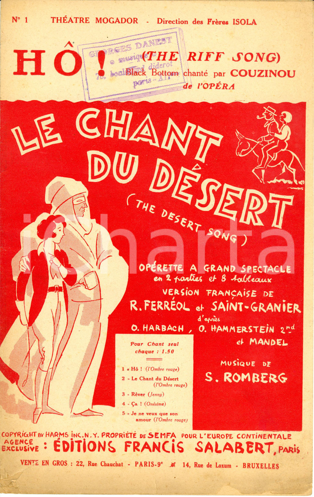 Oggetto da collezione cartaceo 1920 ca SAINTGRANIER R.Ferrol s. ROMBERG Ho! Le chant du desert Spartito 1