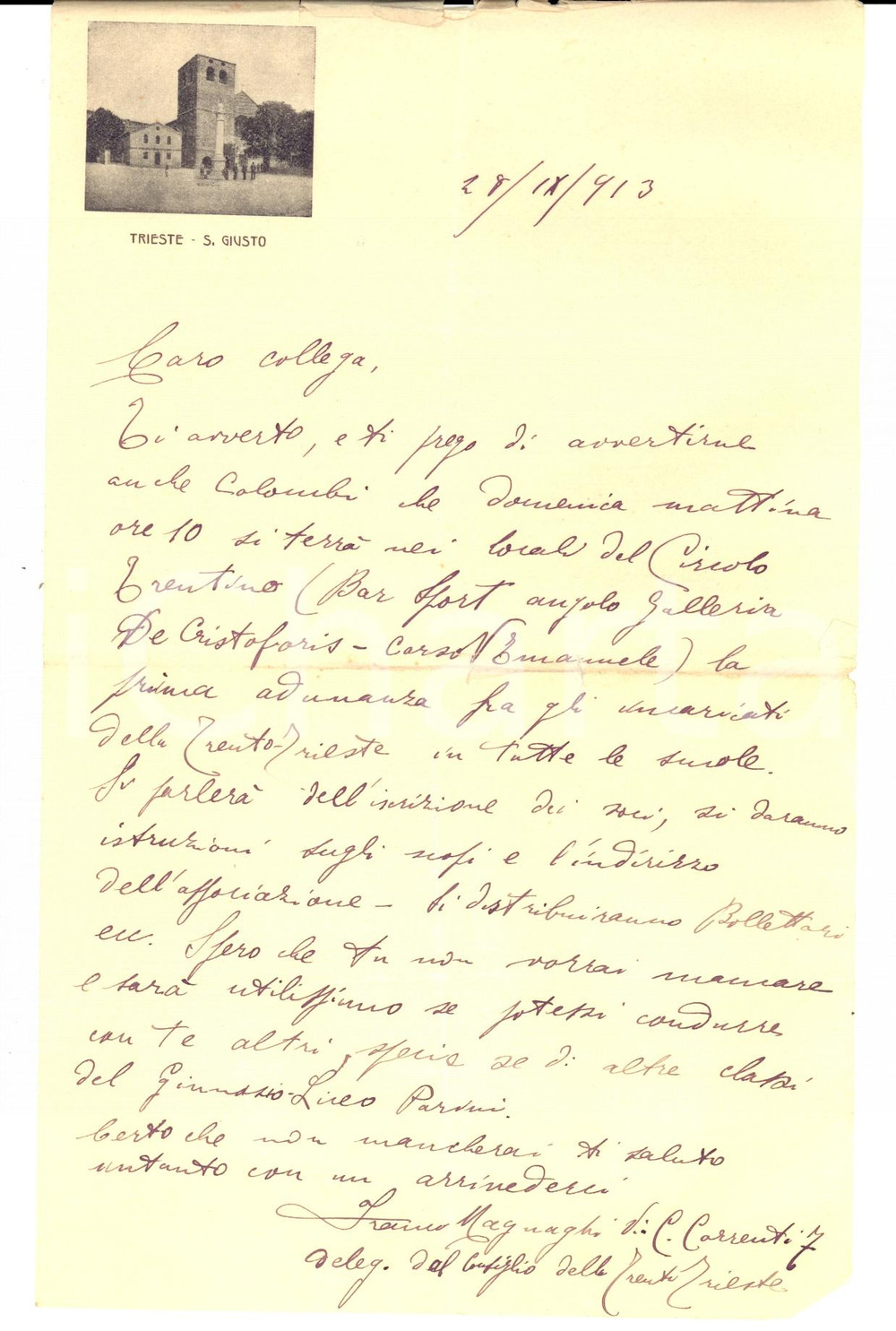 Autografo originale 1913 TRIESTE Francesco MAGNAGHI convoce adunanza Associazione TRENTOTRIESTE 1