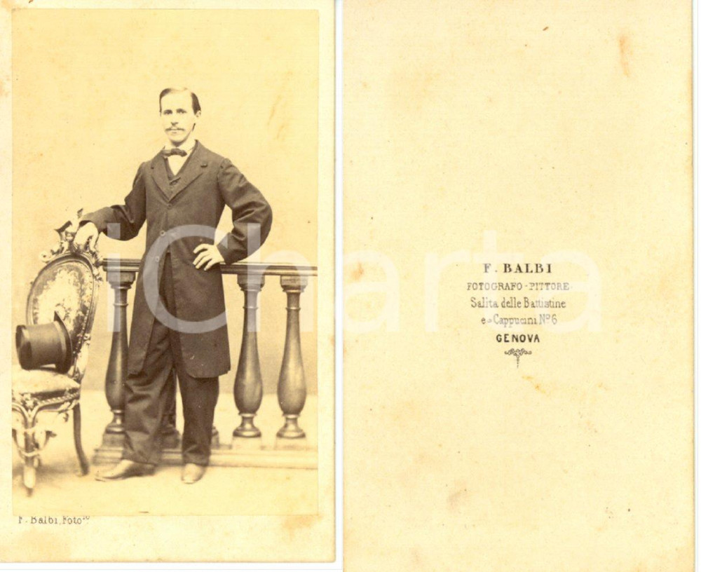 Fotografia d epoca originale 1870 ca GENOVA Ritratto di gentiluomo con cilindro Foto Francesco BALBI 1