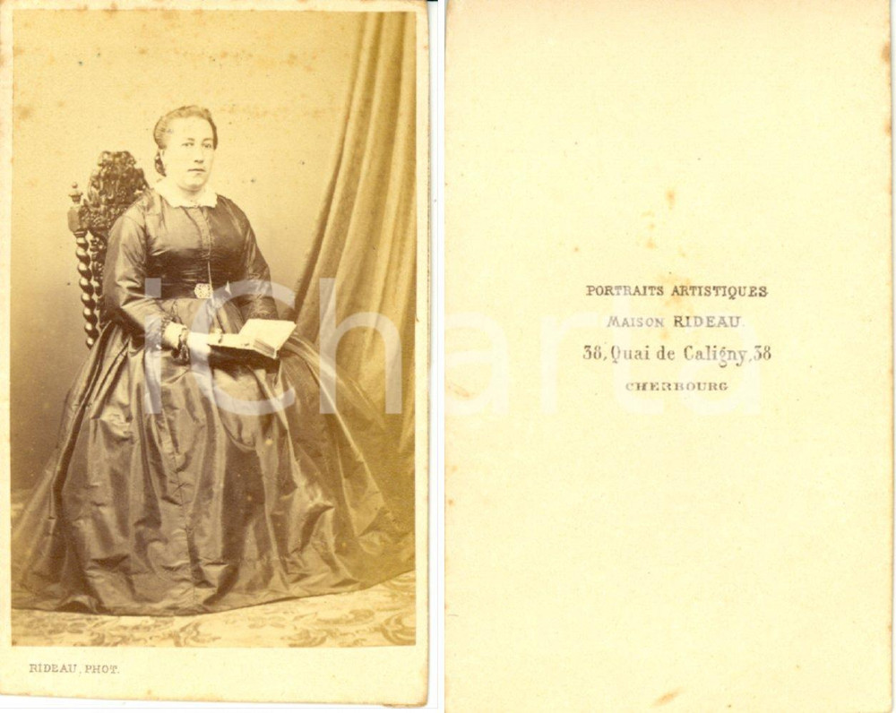 Fotografia d epoca originale 1870 ca CHERBOURG F Ritratto di donna con libro Foto MAISON RIDEAU 1