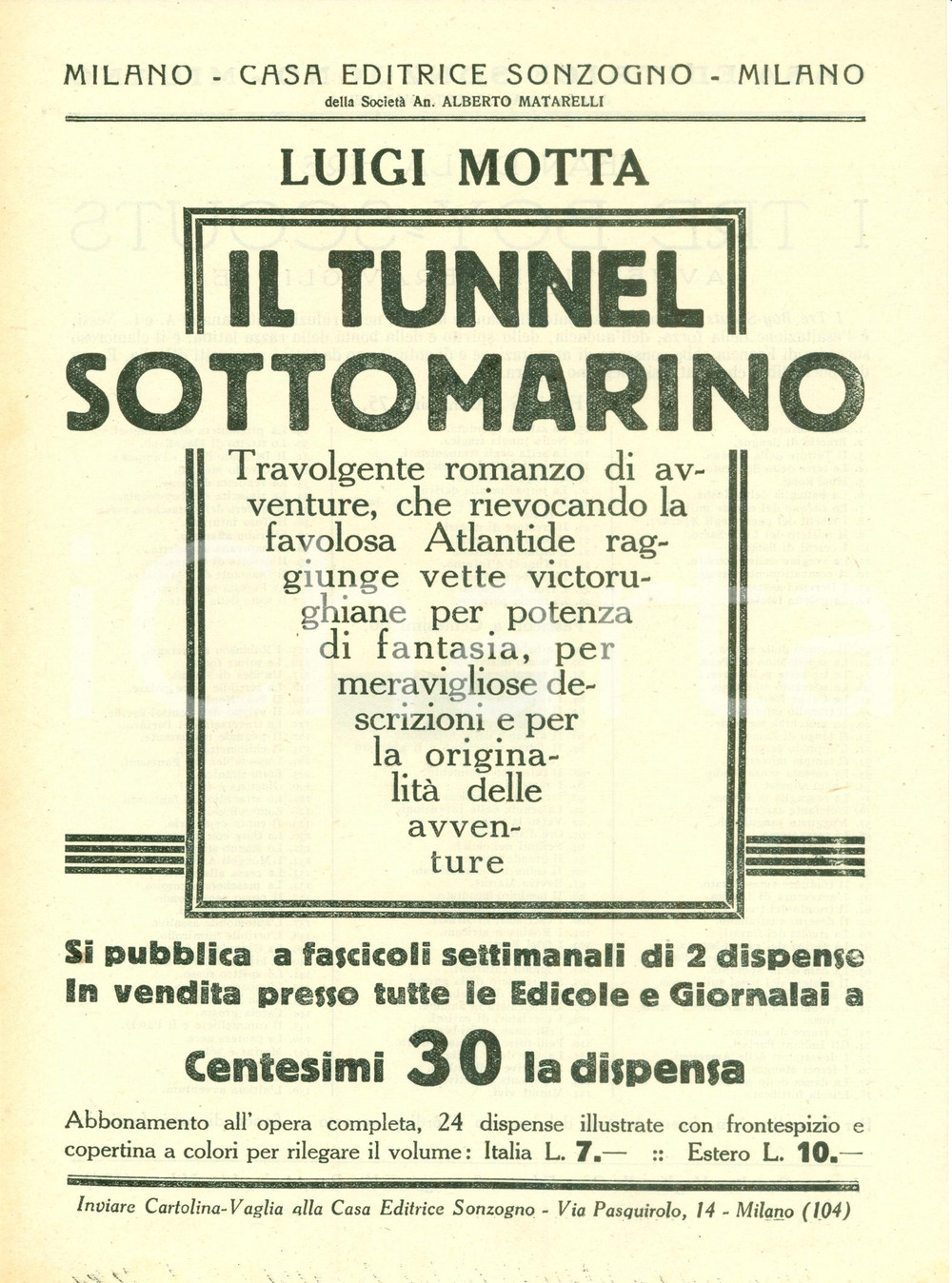 Oggetto da collezione cartaceo 1925 ca SONZOGNO Luigi MOTTA Il tunnel sottomarino ATLANTIDE Volantino 1
