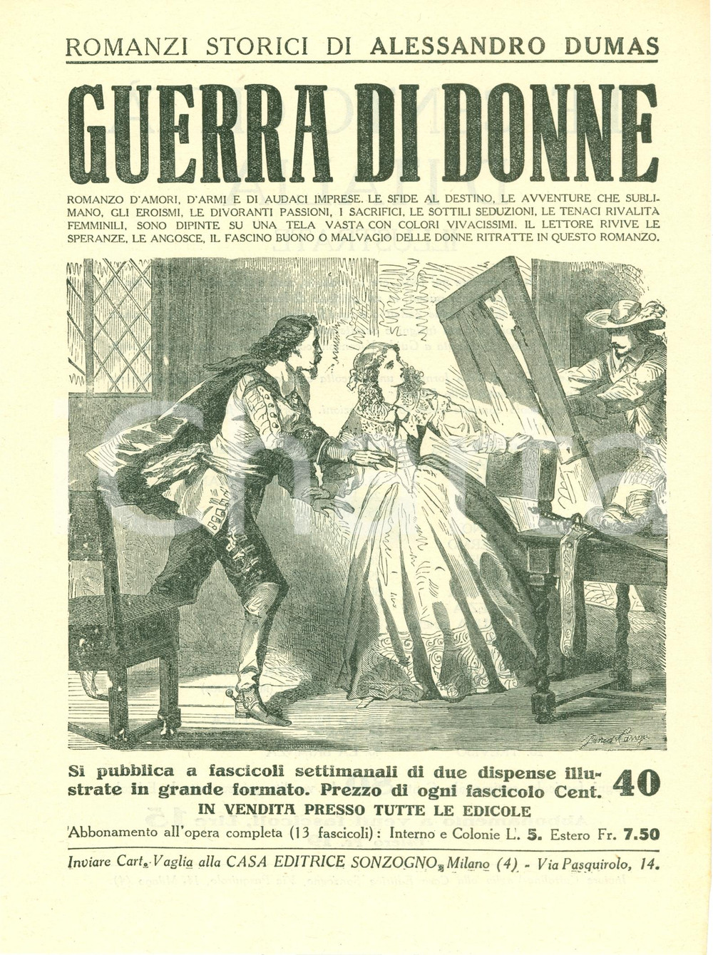 Oggetto da collezione cartaceo 1925 ca SONZOGNO Romanzi DUMAS Guerra di donne VOLANTINO ILLUSTRATO 1