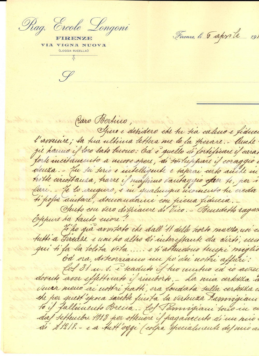 Manoscritto, lettera originale 1916 FIRENZE Rag. Ercole LONGONI vittima del fallimento BRENA Lettera 1