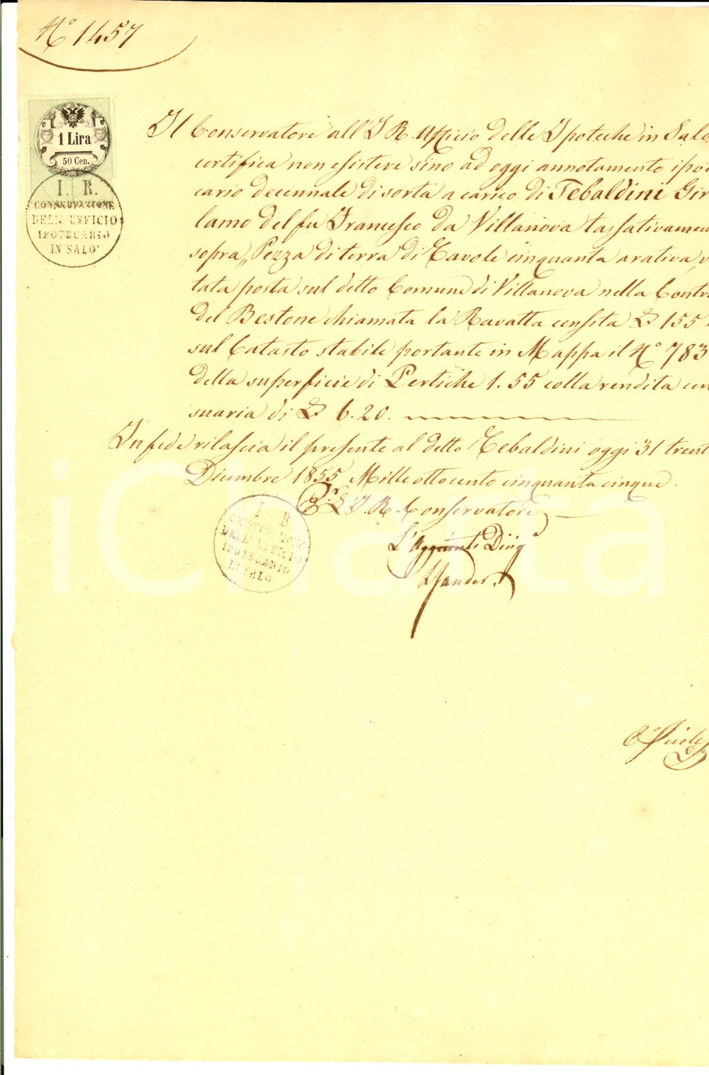 Documento originale, autentico 1855 VILLANUOVA SUL CLISI BS Girolamo TEBALDINI vincoli su fondo LA RAVATTA 1