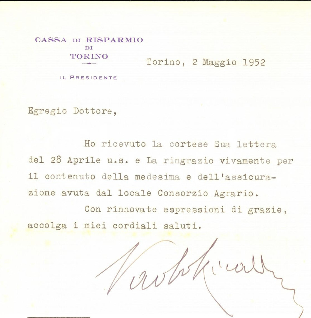 Autografo originale 1952 CASSA DI RISPARMIO DI TORINO Lettera presidente Paolo RICALDONE Autografo 1