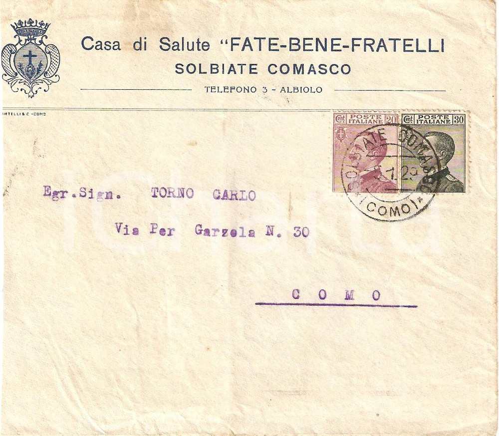 Materiale pubblicitario d’epoca 1929 SOLBIATE COMASCO CO Casa di salute FATEBENEFRATELLI Busta intestata VG 1