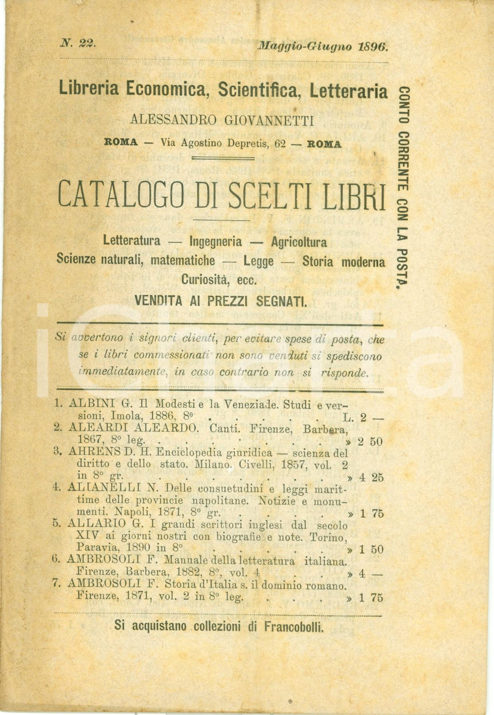 Libro, pubblicazione d epoca 1896 ROMA Libreria Alessandro GIOVANNETTI Catalogo 22 listino prezzi francobolli 1