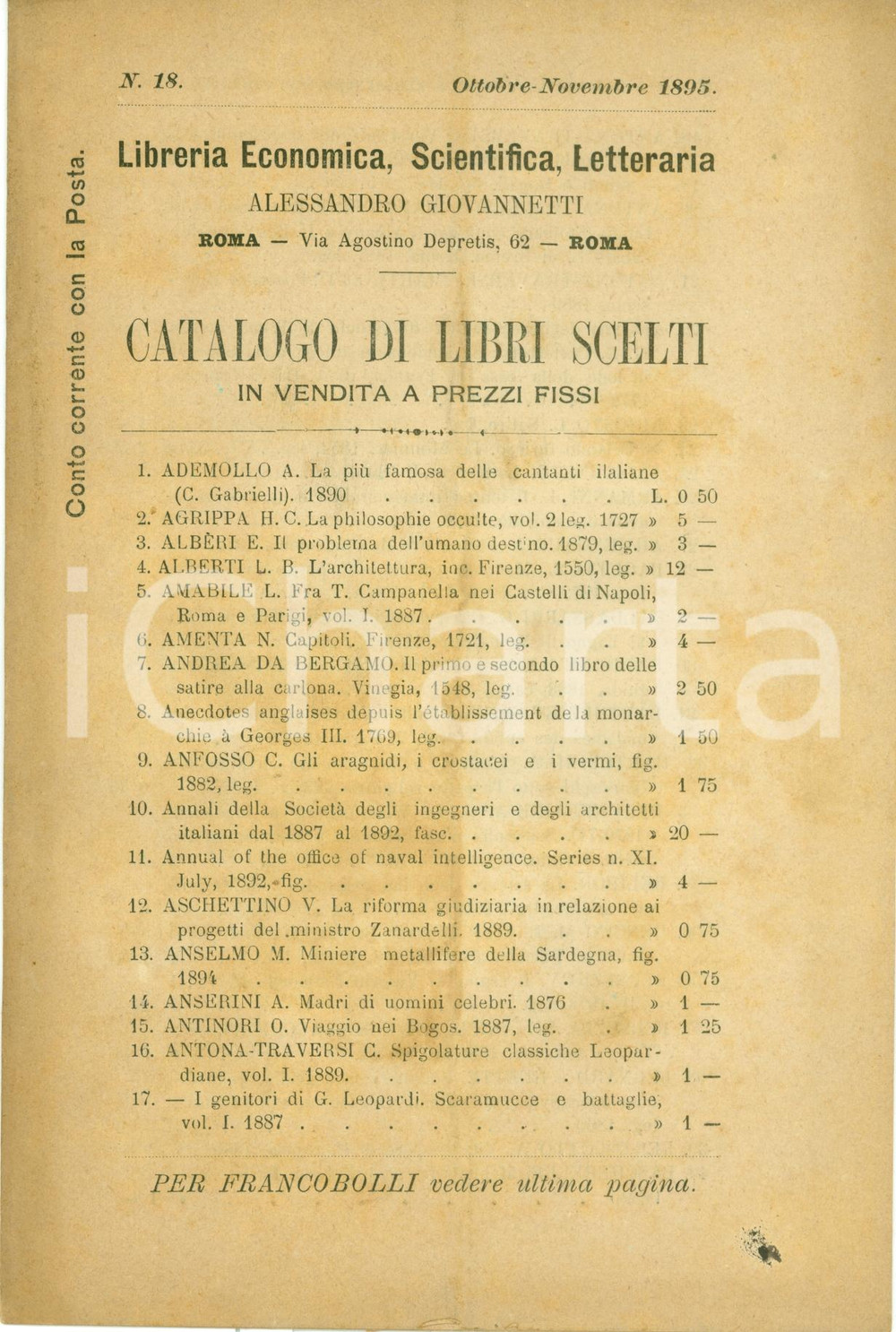 Libro, pubblicazione d epoca 1895 ROMA Libreria Economica Alessandro GIOVANNETTI Catalogo 18 francobolli 1