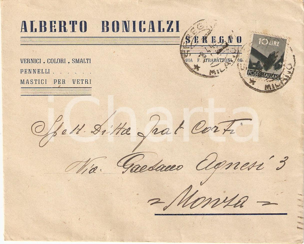 Materiale pubblicitario d’epoca 1948 SEREGNO MB Alberto BONICALZI Vernici colori smalti Busta intestata VG 1