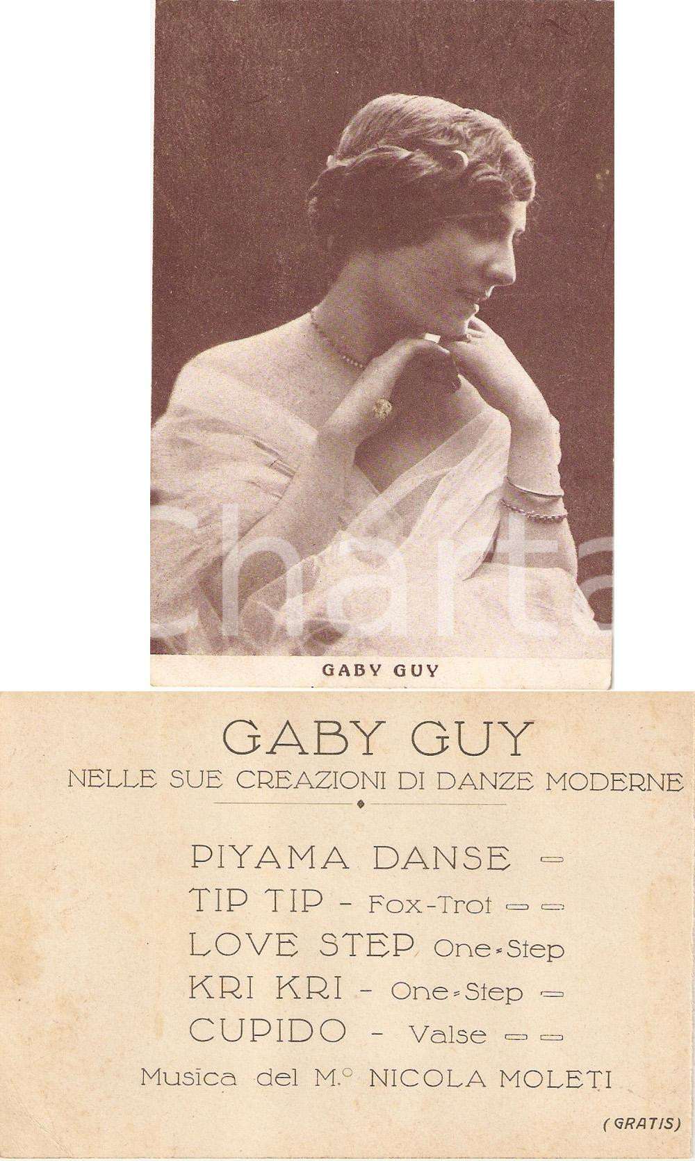 Materiale pubblicitario d’epoca 1930 GABY GUY creatrice danze moderne PIYAMA DANSE Nicola MOLETI Cartoncino 1