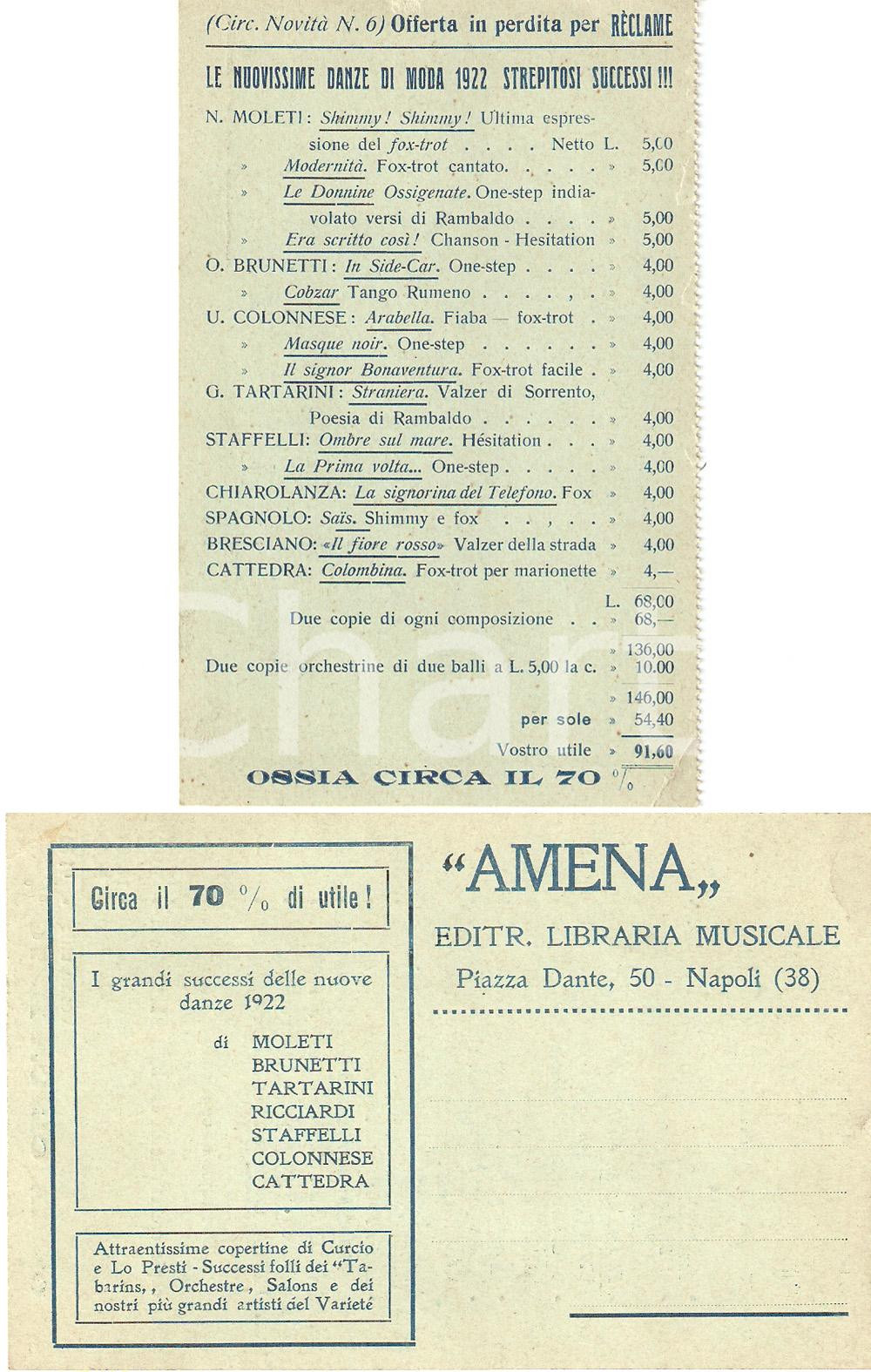 Materiale pubblicitario d’epoca 1922 NAPOLI Editrice Musicale AMENA Nuovissime danze di moda Cartoncino 1