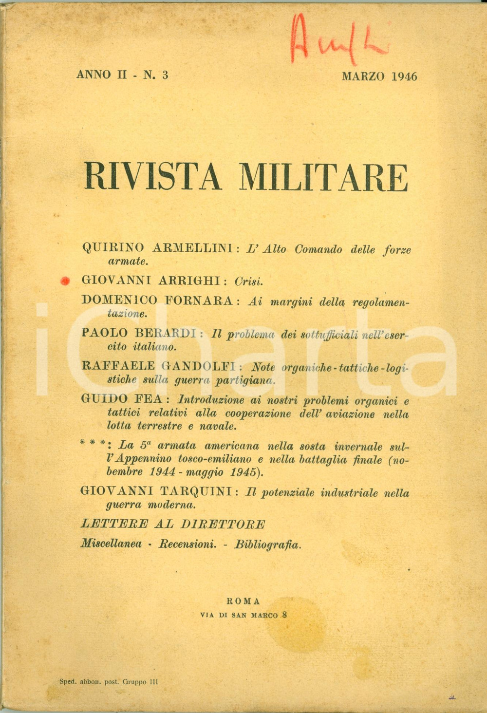 Giornale, rivista storica 1946 RIVISTA MILITARE Maggiore cavalleria Giovanni ARRIGHI con autografo 1