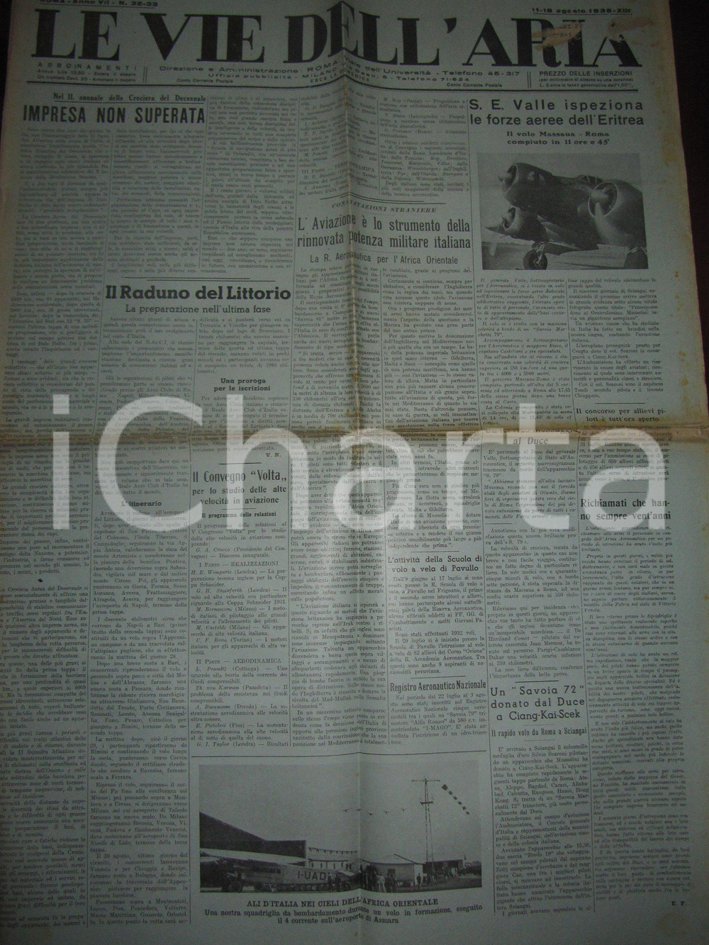 Giornale, rivista storica 1935 VIE DELL ARIA Gen. Giuseppe VALLE ispeziona forze aeree ERITREA Giornale 1