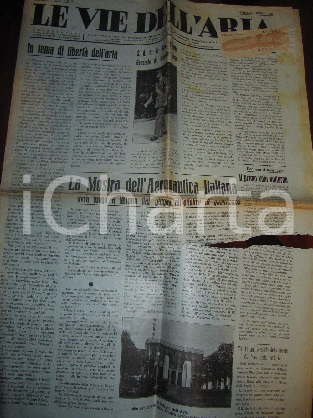 Giornale, rivista storica 1934 LE VIE DELL ARIA Mostra Aeronautica Italiana Giornale DANNEGGIATO 1