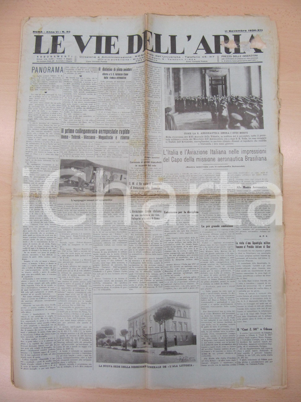 Giornale, rivista storica 1934 LE VIE DELL ARIA Collegamento aereo posta dell ALA LITTORIA per MOGADISCIO 1