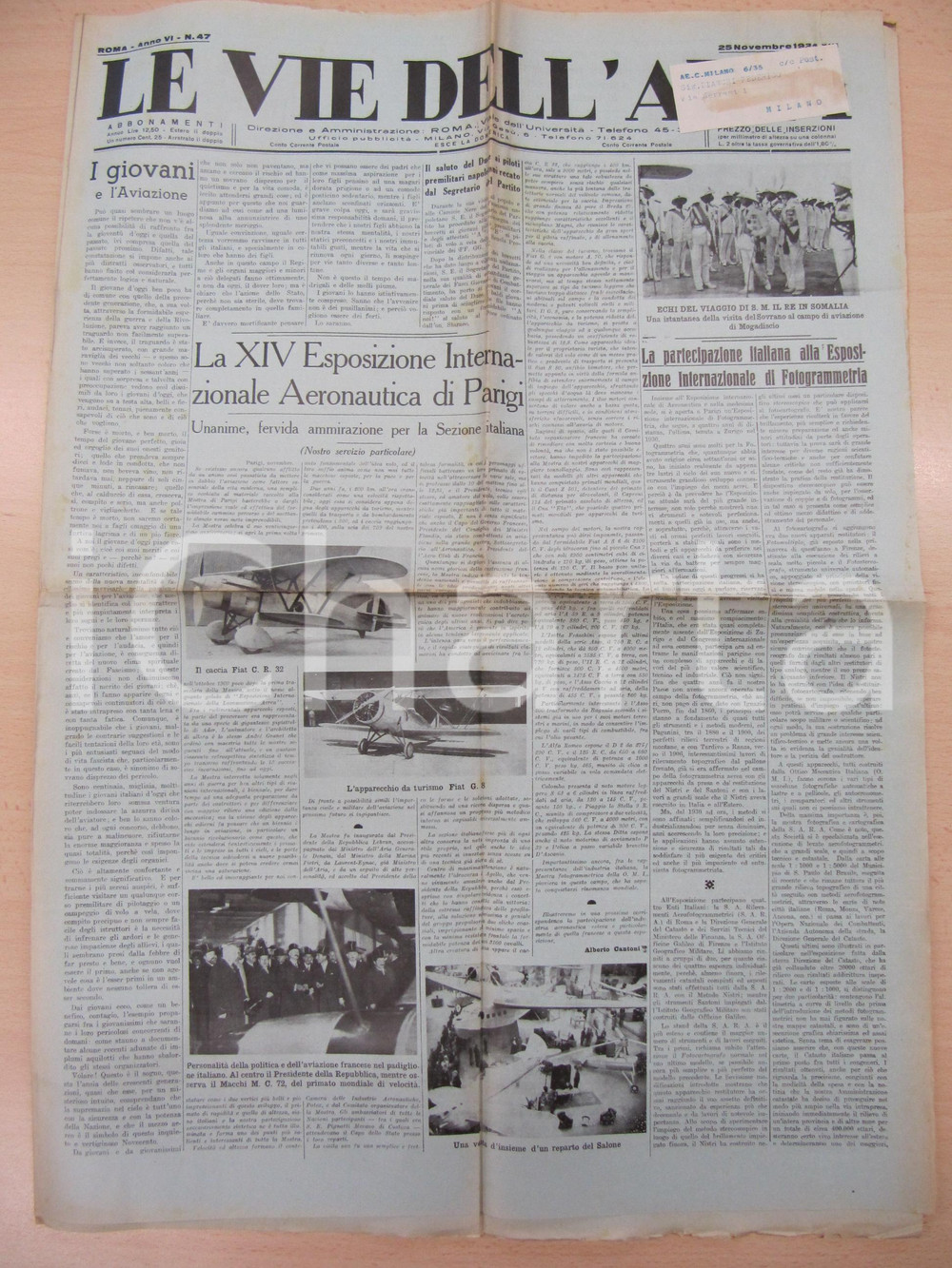 Giornale, rivista storica 1934 LE VIE DELL ARIA Aerei italiani al SALONE AERONAUTICO di Parigi FIAT MACCHI 1