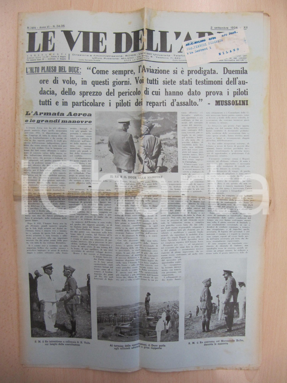 Giornale, rivista storica 1934 LE VIE DELL ARIA Visita DUCE e RE alle Grandi Manovre dell ARMATA AEREA 1