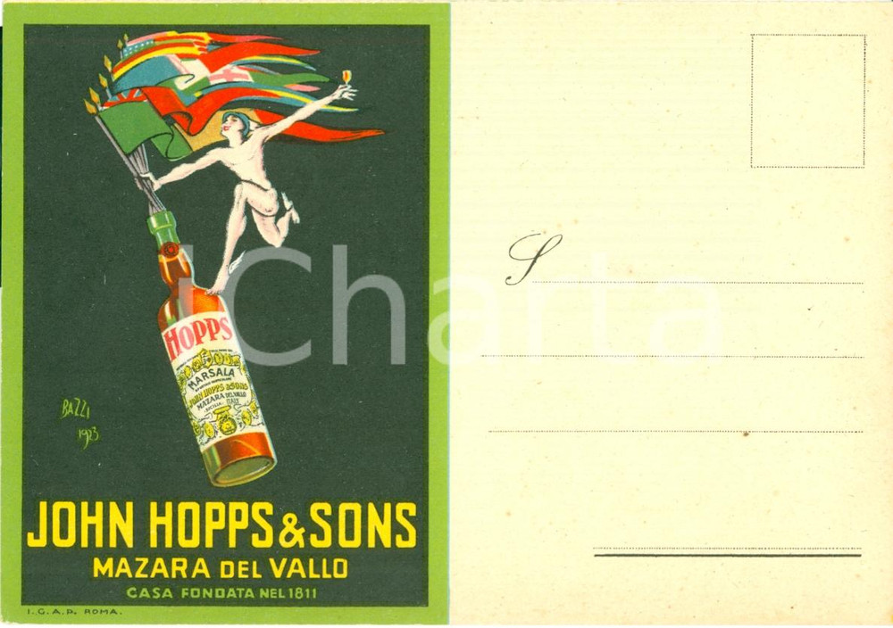 Materiale pubblicitario d’epoca 1923 MAZARA DEL VALLO Marsala John HOPPS & Sons Ill. Mario BAZZI Cartolina 3 1