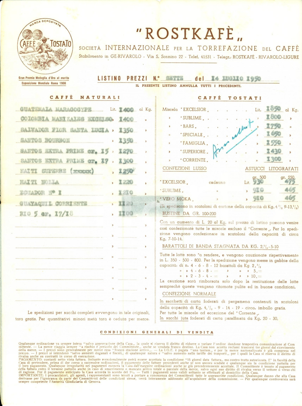 Materiale pubblicitario d’epoca 1950 GENOVA Rivarolo ROSTKAFE  Listino prezzi caffé  LISTINO N. 7 1