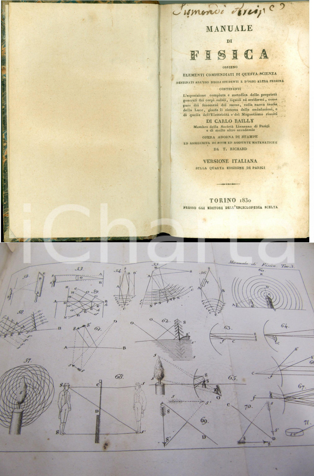 Libro, pubblicazione d epoca 1830 Carlo BAILLY Manuale di Fisica 4 TAVOLE SISMONDO SISMONDI AUTOGRAFO 1