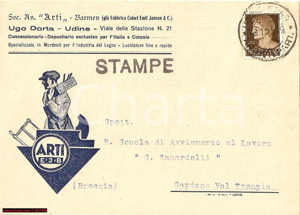 Cartolina originale da collezione 1935 UDINE Divieto di importazione prodotti ARTI DORTA 1