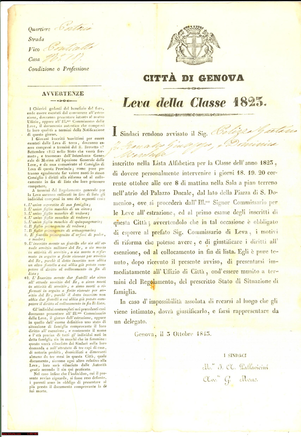Documento originale, autentico 1843 GENOVA PORTORIA Chiamata alla leva Gaetano PELIZZA 1