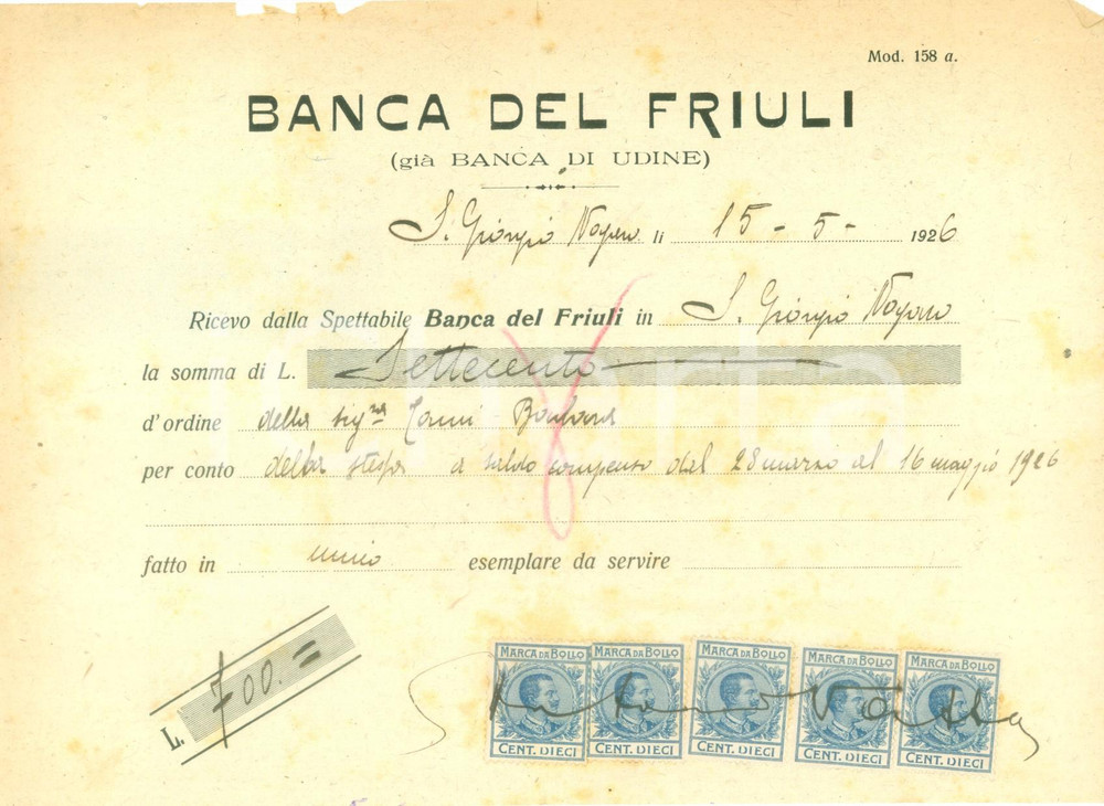 Documento originale, autentico 1926 SAN GIORGIO NOGARO UD Banca del FRIULI Distinta prelevamento 1