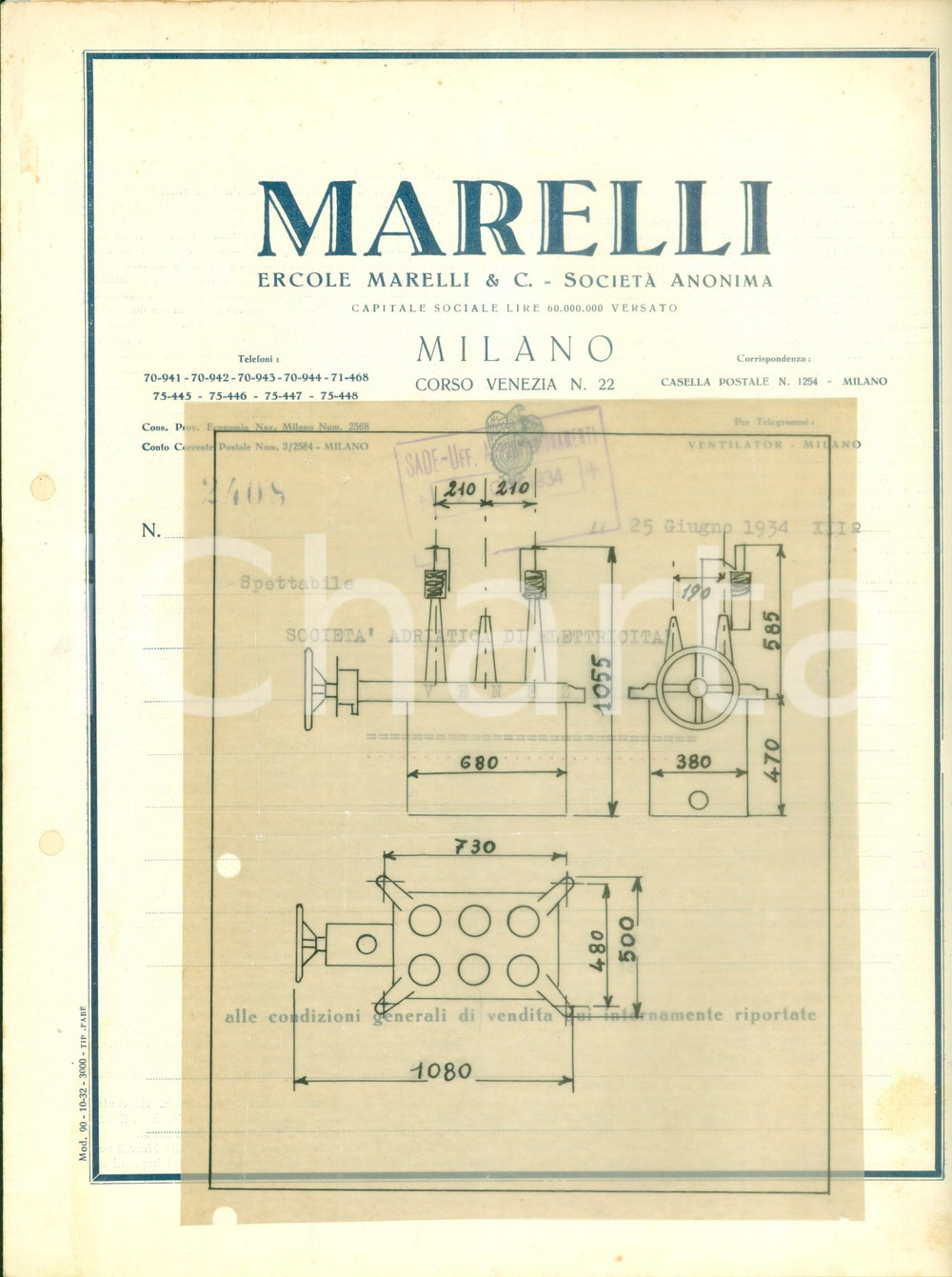 Documento originale, autentico 1934 MILANO Società Ercole MARELLI Trasformatore OTGE 253 Preventivo con lucido 1