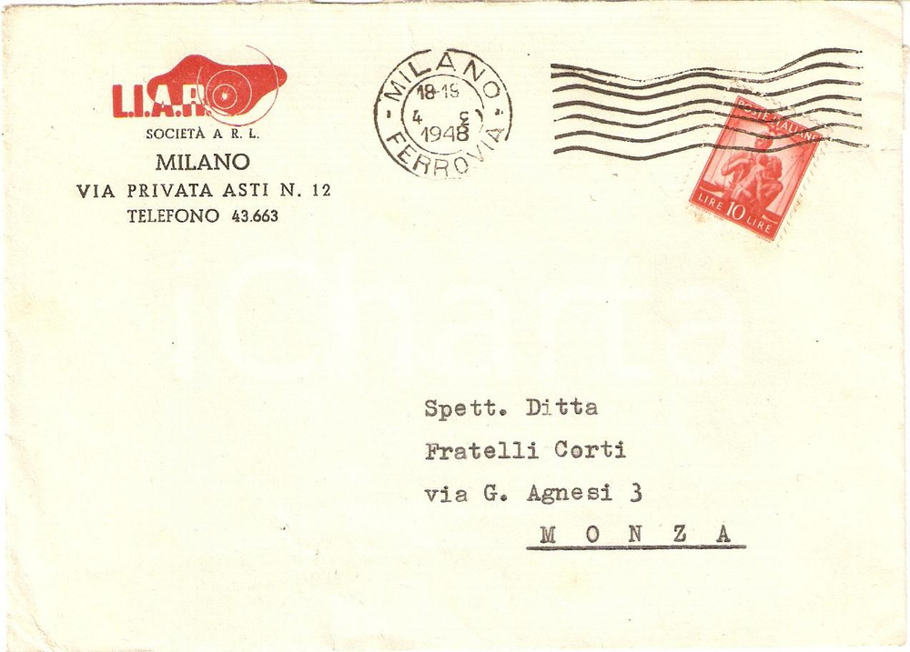 Materiale pubblicitario d’epoca 1948 MILANO SocietÃ  LIAR Busta intestata ILLUSTRATA 1
