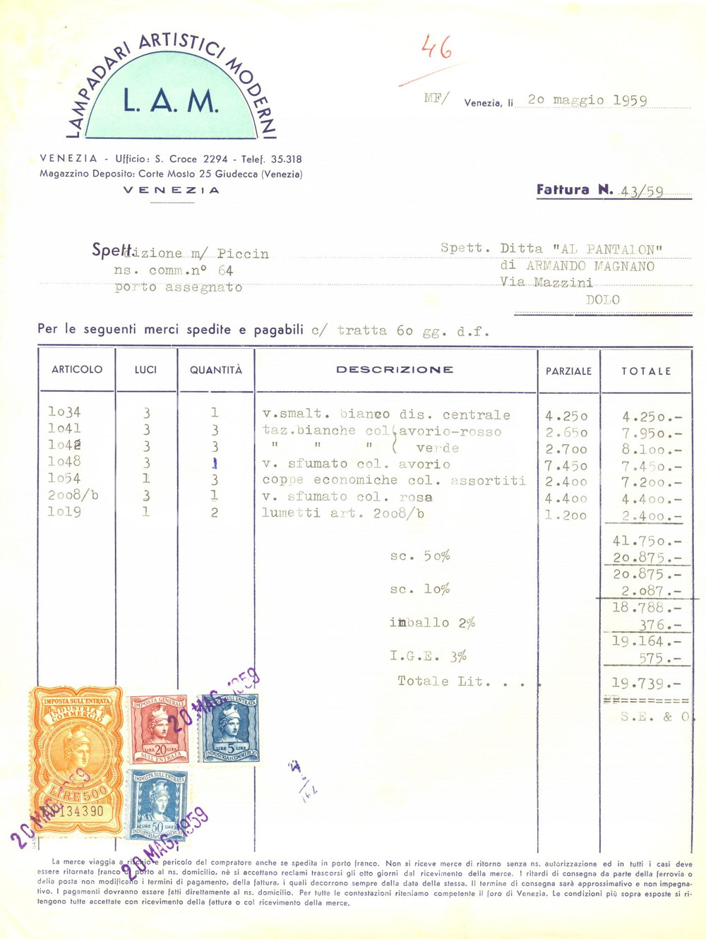 Documento originale, autentico 1959 VENEZIA Lampadari artistici moderni L. A. M. Vetro  Lumetti Fattura 1