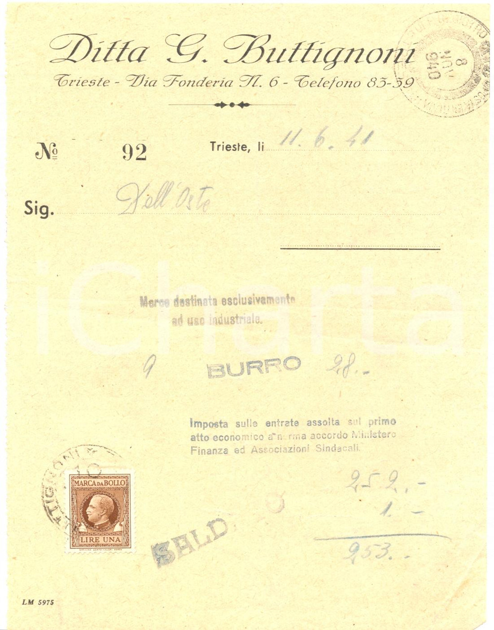 Documento originale, autentico 1941 TRIESTE Ditta BUTTIGNONI fornitura di burro Fattura 1