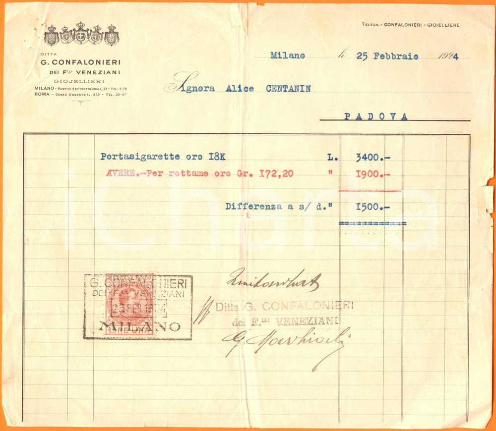 Documento originale, autentico 1924 MILANO Ditta CONFALONIERI fratelli VENEZIANI gioiellieri Fattura 1