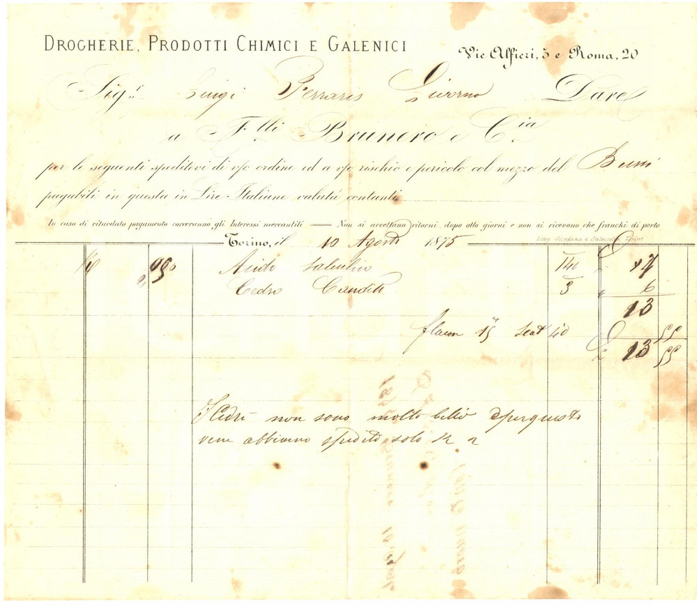 Documento originale, autentico 1875 TORINO Fratelli BRUNERO Prodotti chimici galenici acido salicilico Fattura 1