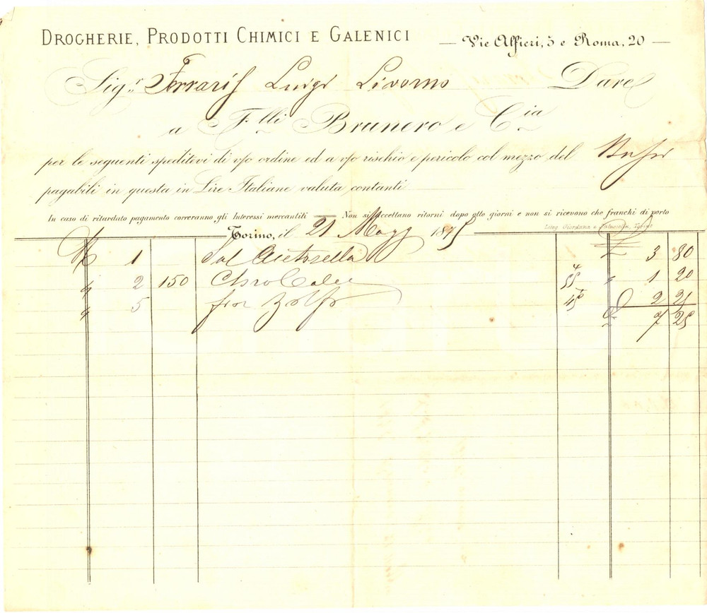 Documento originale, autentico 1879 TORINO Fratelli BRUNERO Prodotti chimici galenici fior di zolfo Fattura 1