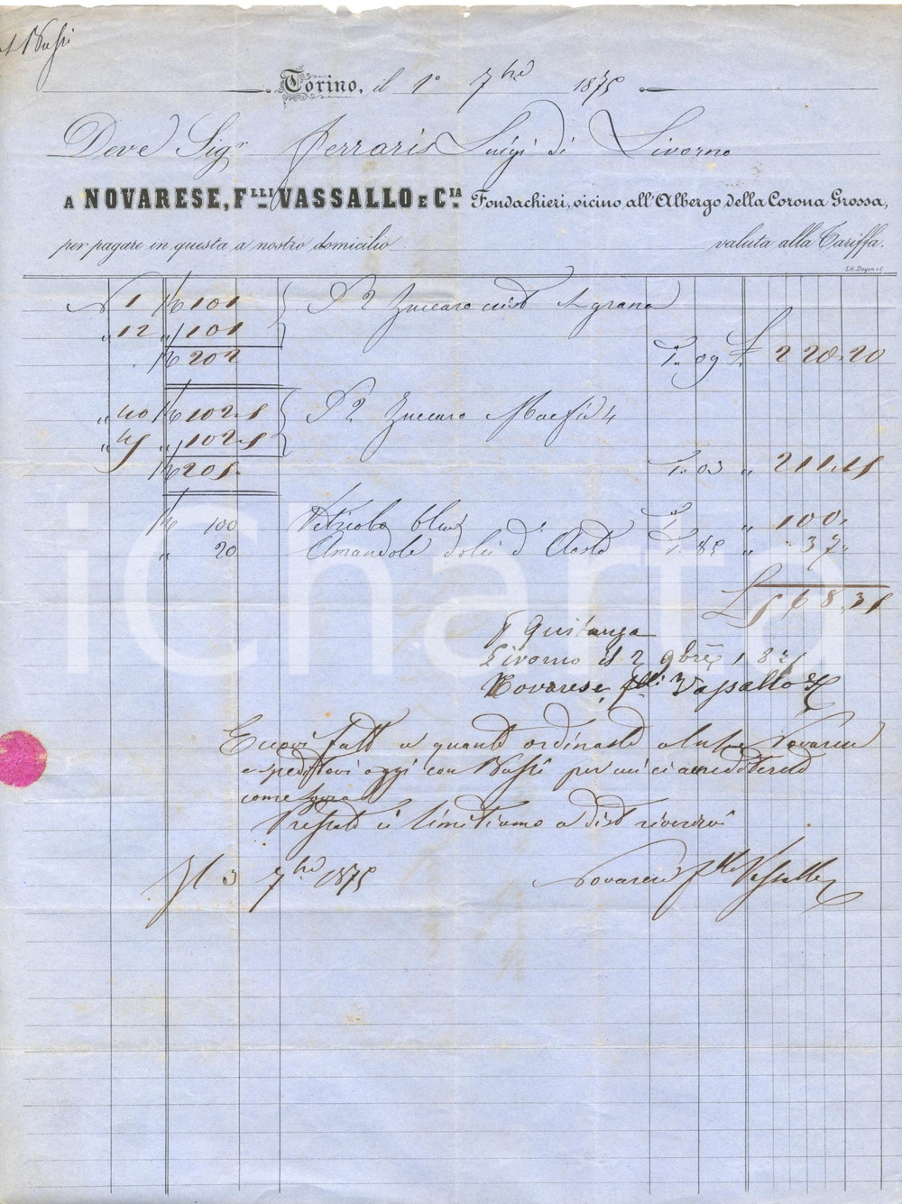 Documento originale, autentico 1875 LAURIANO TO F.lli VASSALLO a NOVARESE fondachieri Albergo CORONA GROSSA 1