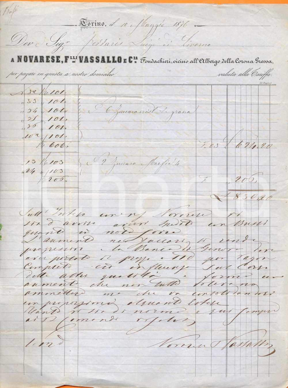 Documento originale, autentico 1879 LAURIANO TO F.lli VASSALLO a NOVARESE fondachieri Albergo CORONA GROSSA 1