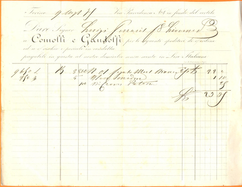 Documento originale, autentico 1875 TORINO Ditta COMOLLI & GANDOLFI fegato di merluzzo bianco Fattura 1
