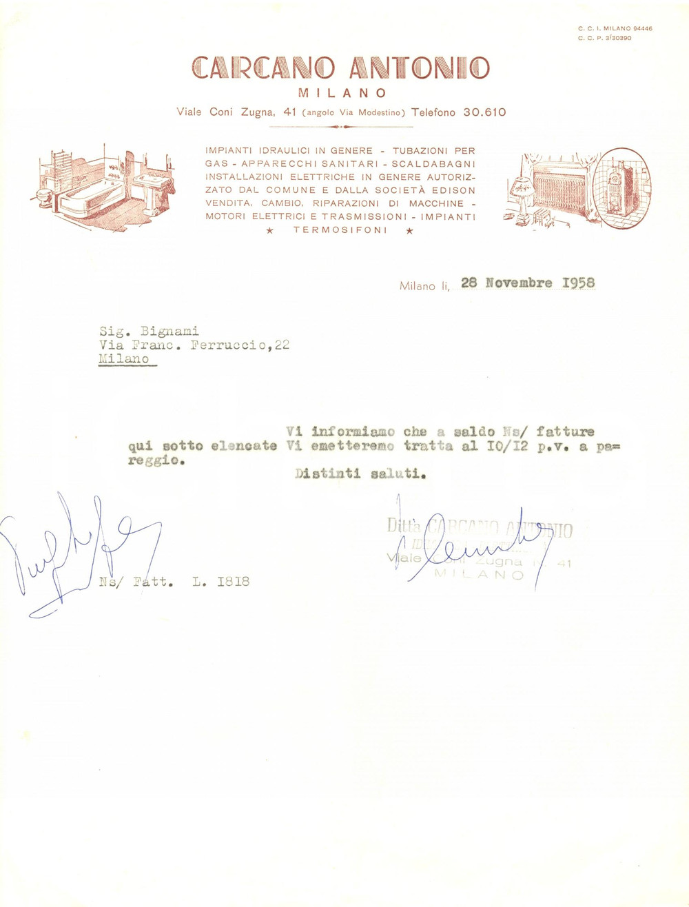 Documento originale, autentico 1958 MILANO Viale Coni Zugna 41 Antonio CARCANO impianti idraulici  Fattura 1