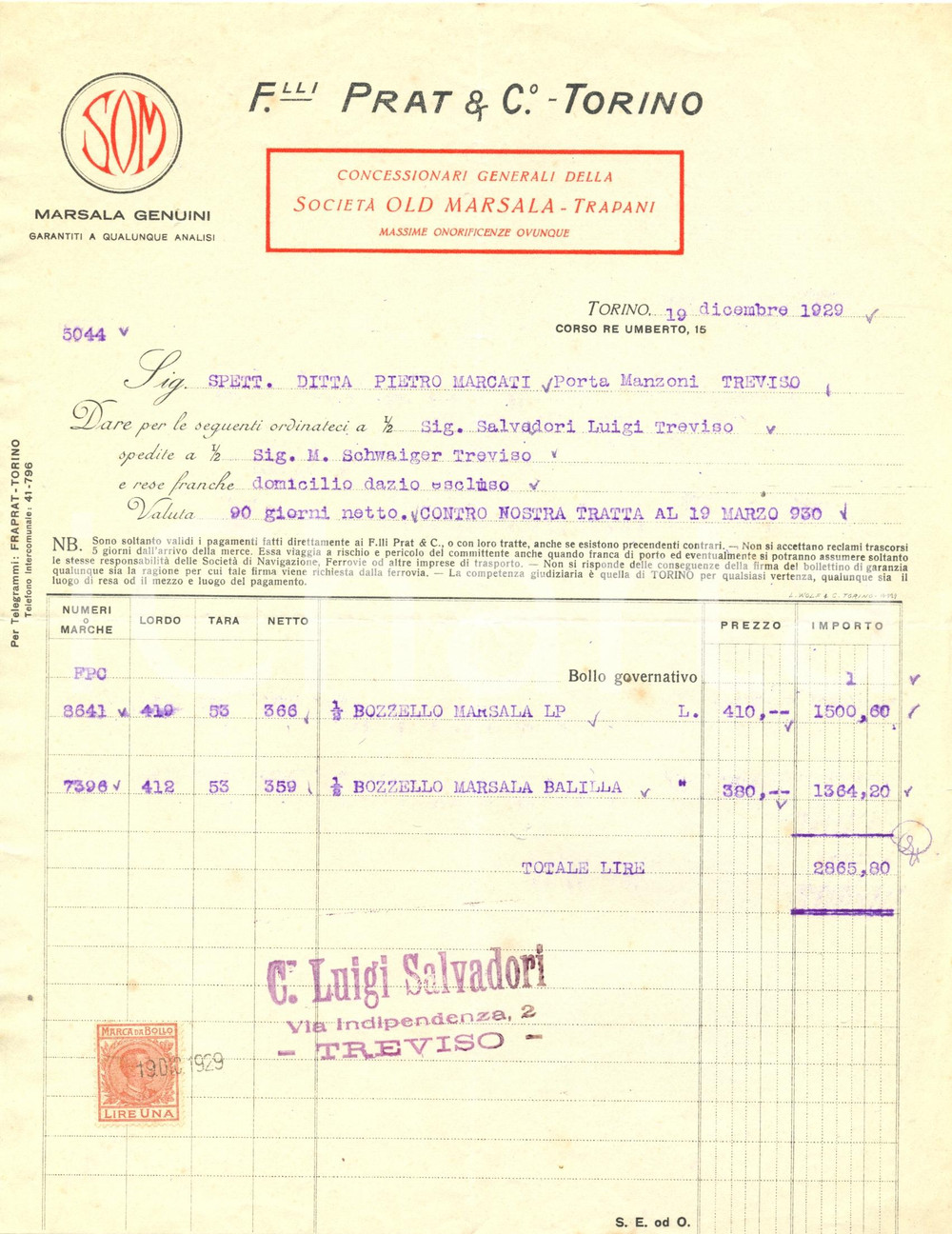 Documento originale, autentico 1929 TORINO Fratelli PRAT & Co. concessionari generali OLD MARSALA Fattura 1