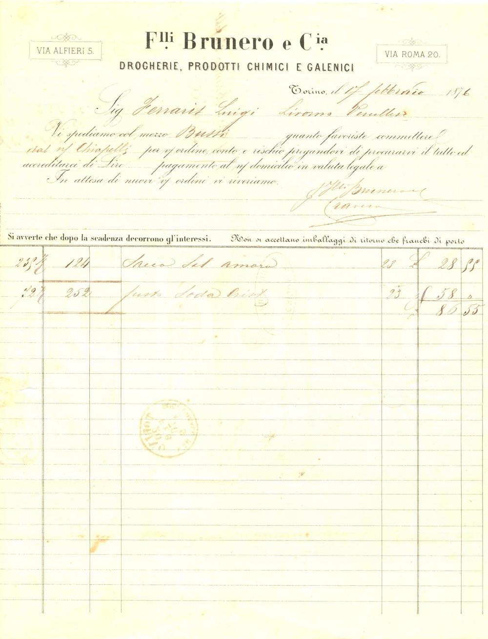 Documento originale, autentico 1876 TORINO Ditta Fratelli BRUNERO drogheria e prodotti chimici galenici Fattura 1