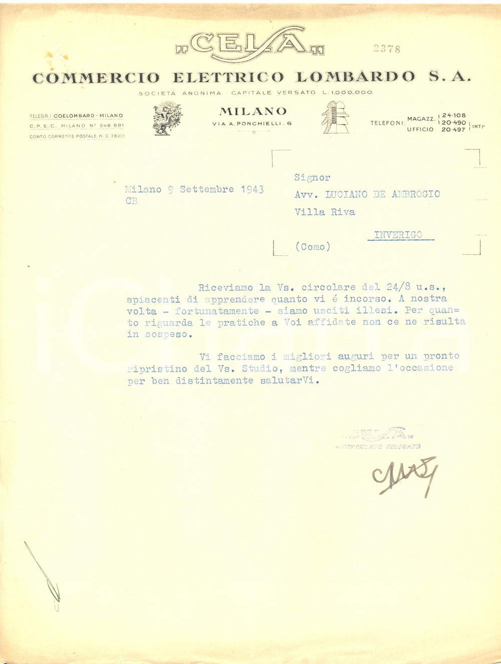 Documento originale, autentico 1943 MILANO Commercio elettrico lombardo CELSA illesa da attacchi aerei Lettera 1
