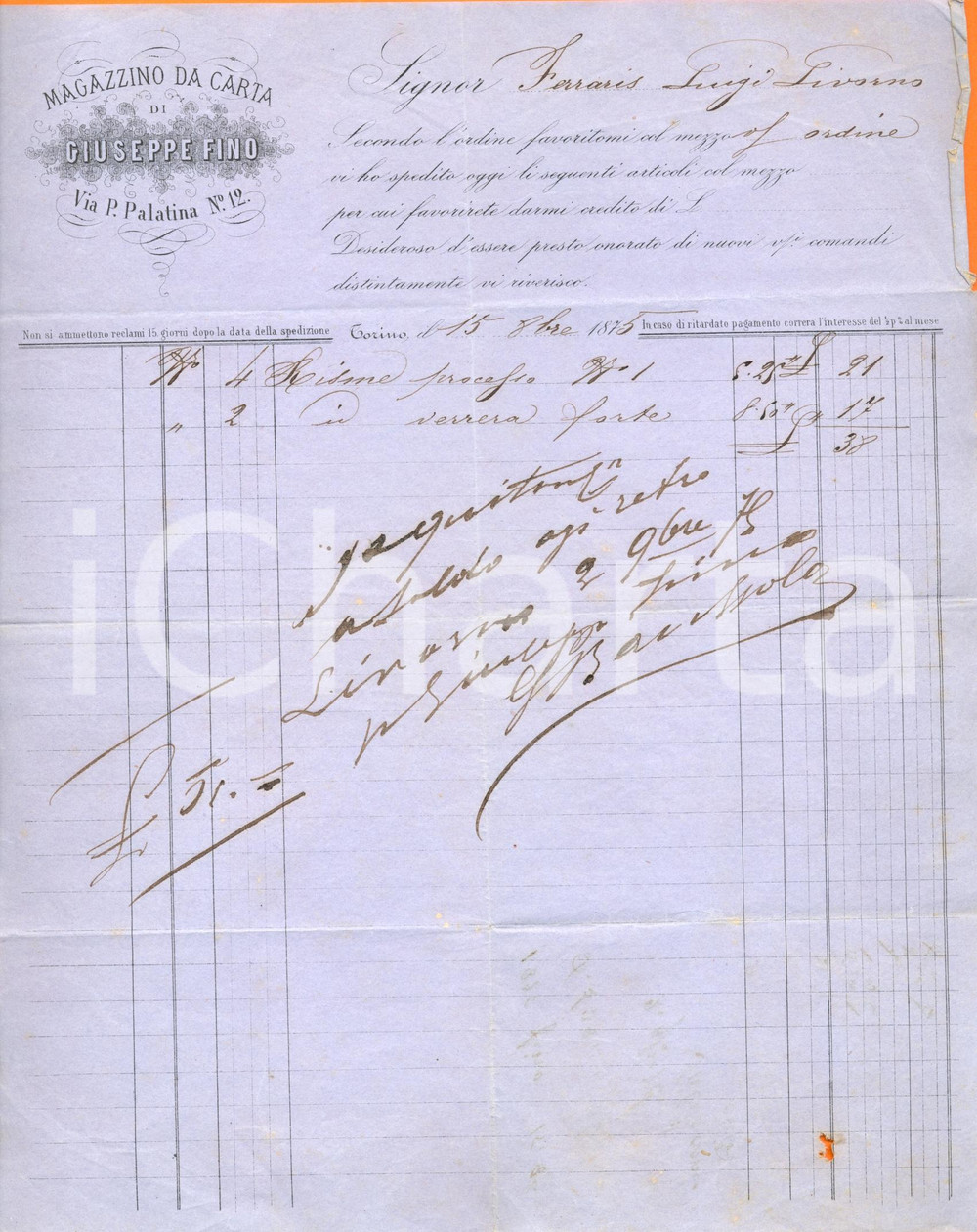 Documento originale, autentico 1875 TORINO Giuseppe FINO magazzino da carta vendita risme Fattura 1