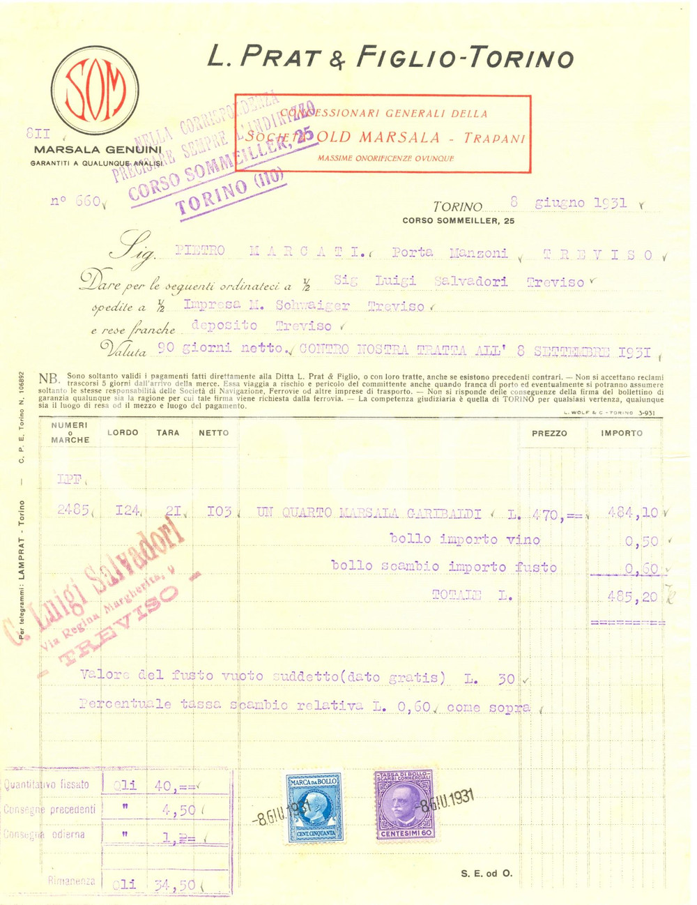 Documento originale, autentico 1931 TORINO PRAT e figlio Concessionari Generali OLD MARSALA Fattura commerciale 1