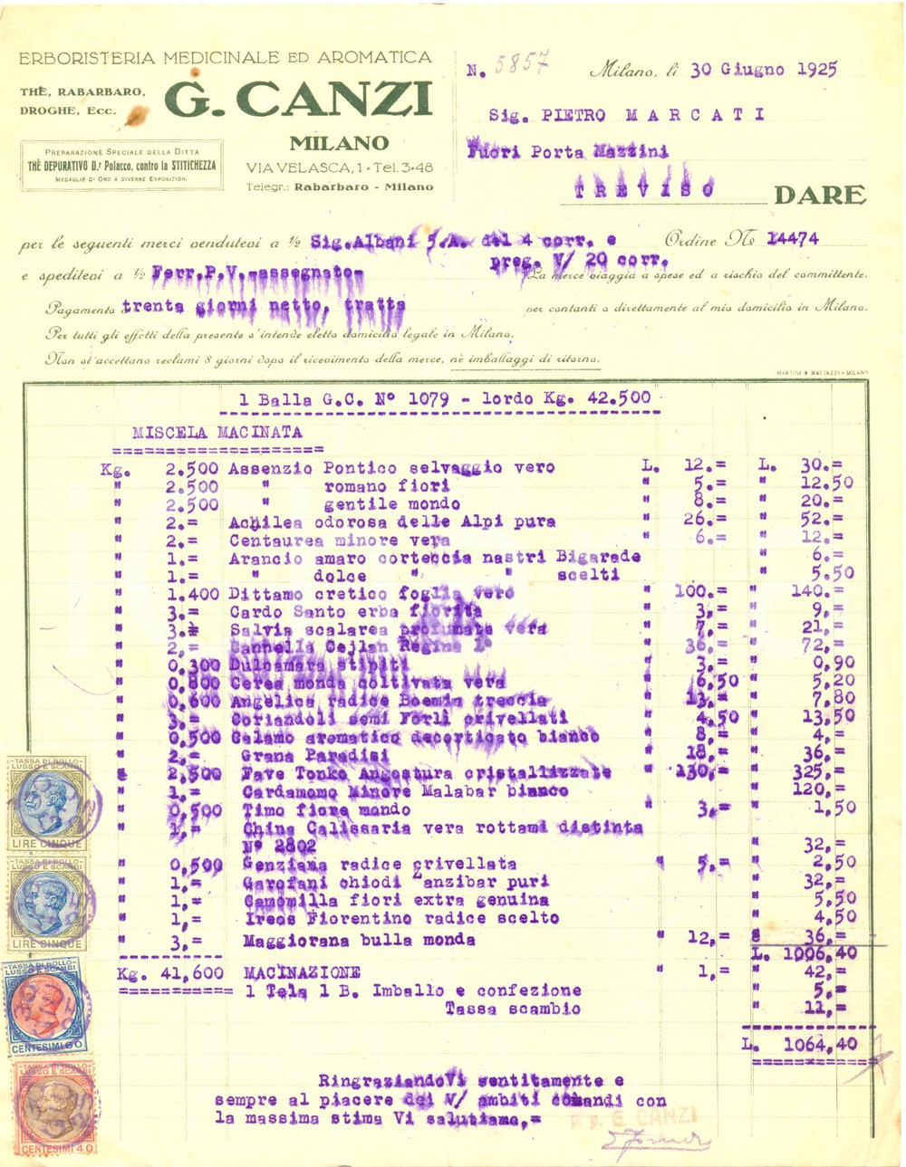 Documento originale, autentico 1925 MILANO Giovanni CANZI erboristeria medicinale aromatica thÃ¨ depurativo 1