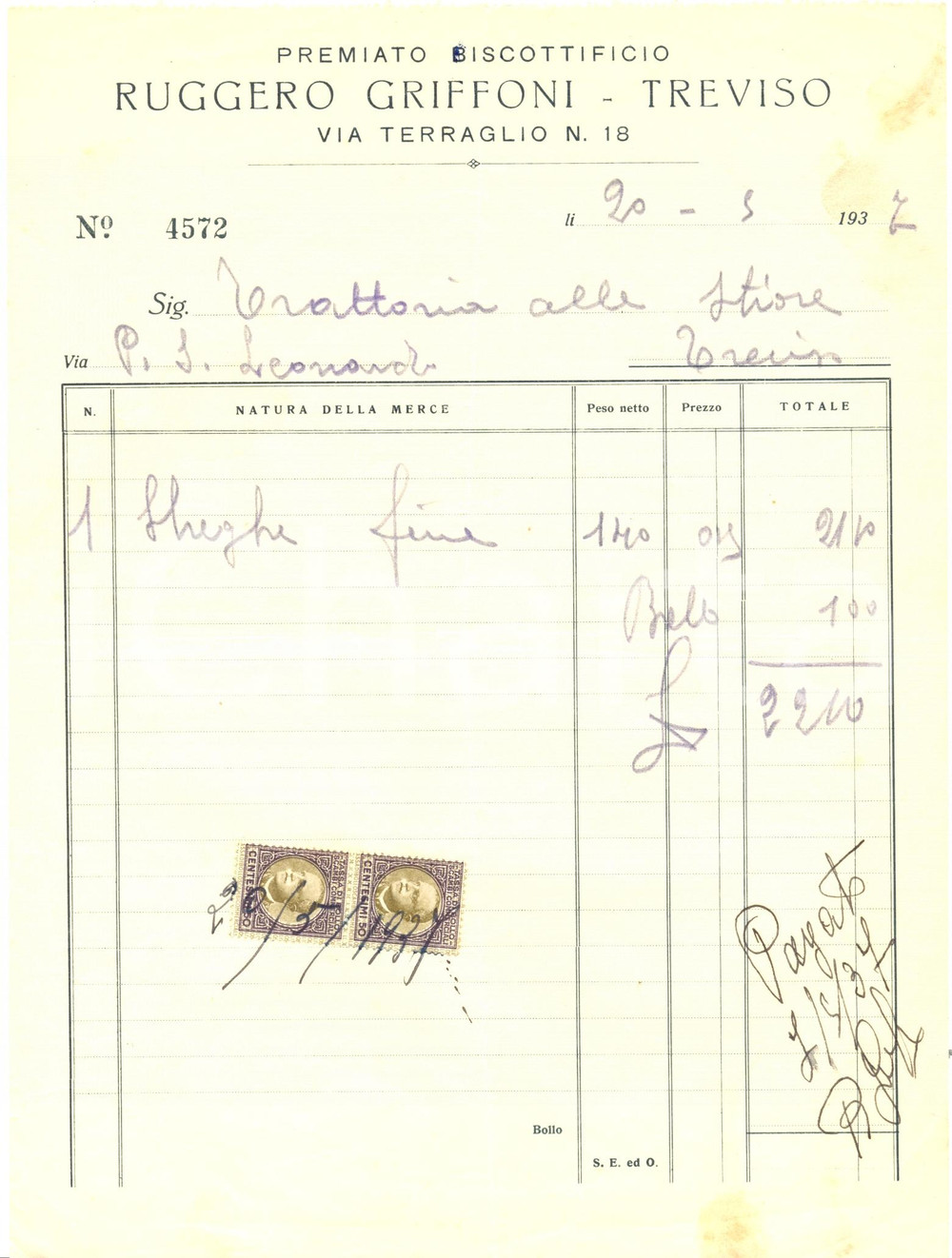 Documento originale, autentico 1937 TREVISO Ruggero GRIFFONI premiato biscottificio Fattura firma autografa 1